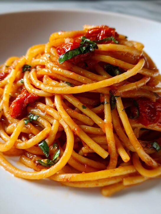 A close-up serving of Roasted Tomato Garlic Pasta, featuring thick spaghetti coated in a rich sauce with visible roasted tomatoes and basil.