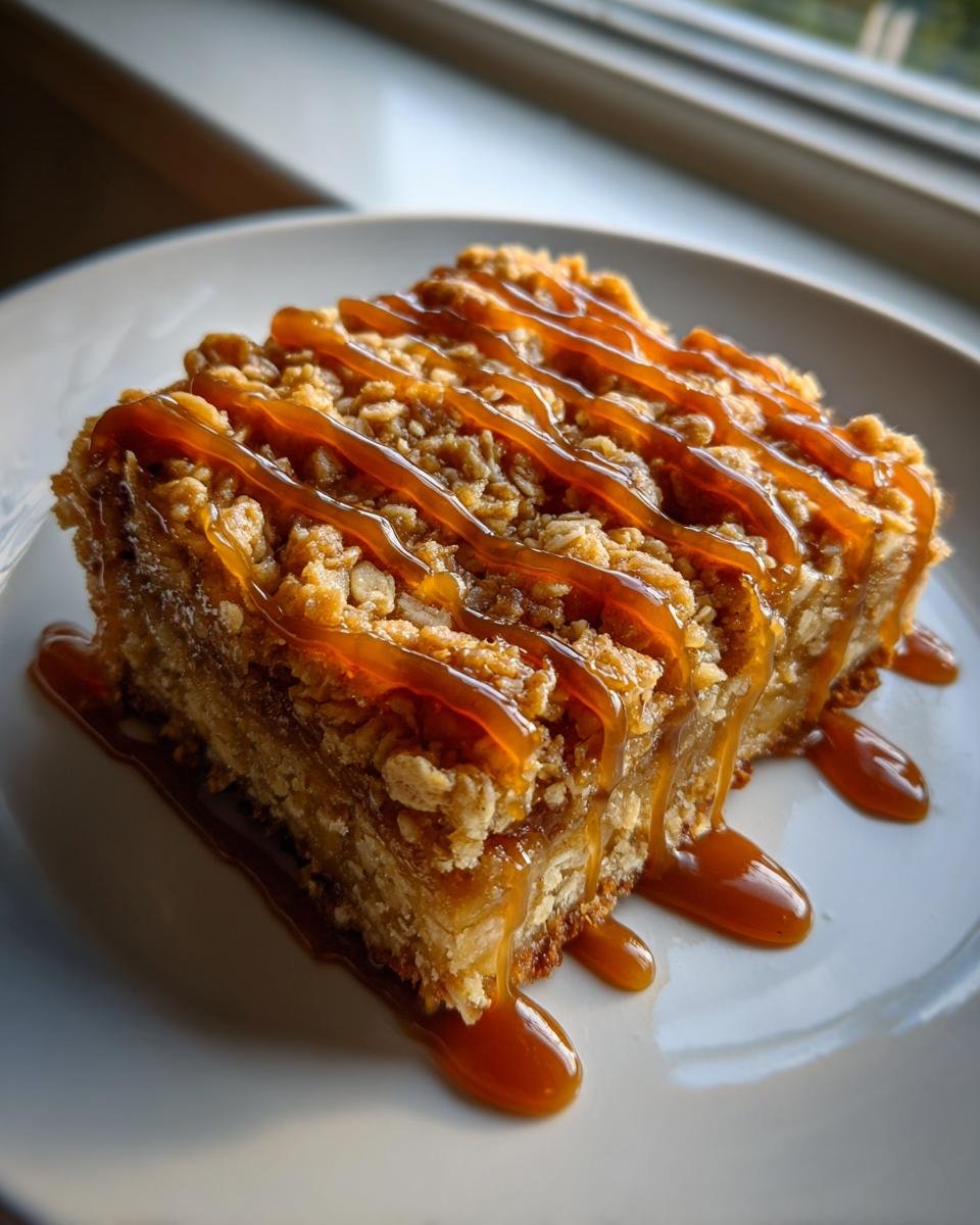 A square portion of Salted Caramel Apple Crumble Bars topped with a generous drizzle of caramel sauce.