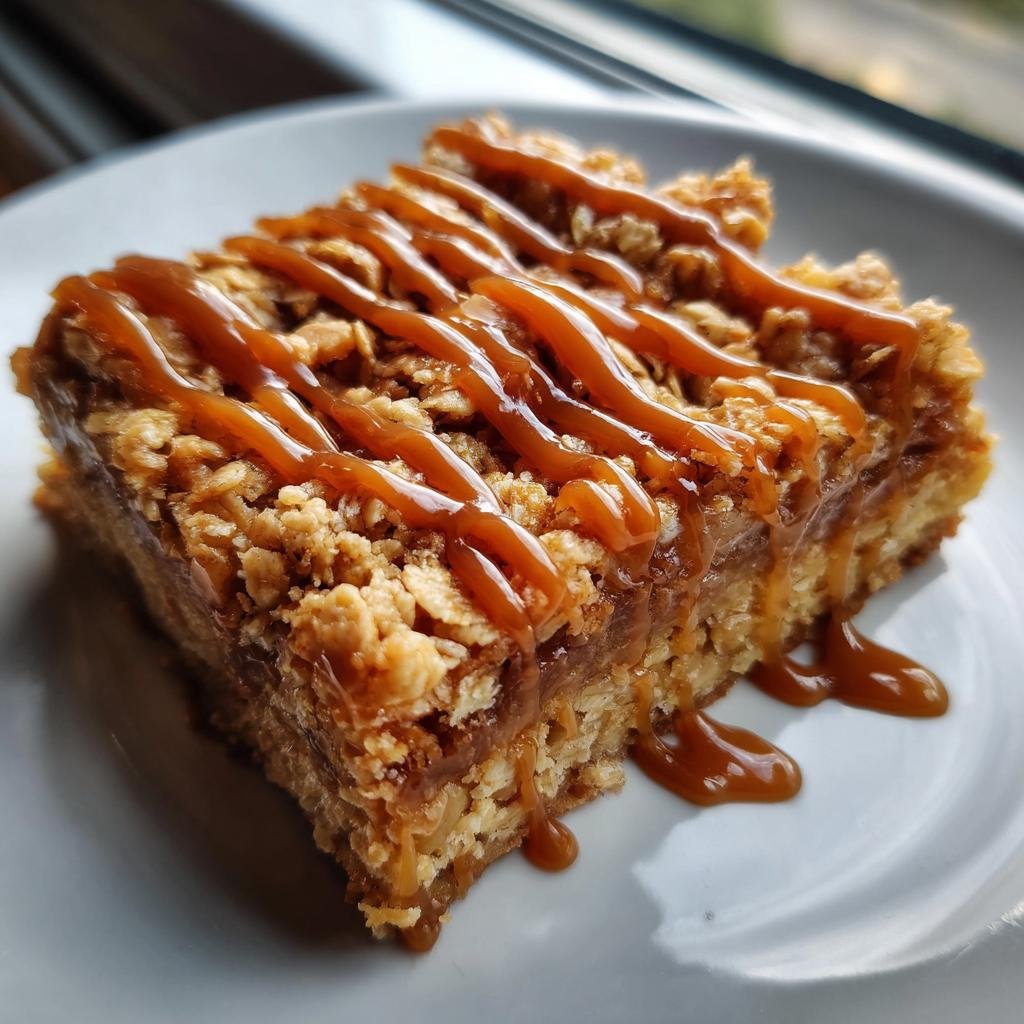 A close-up of a single serving of Salted Caramel Apple Crumble Bars drizzled with extra caramel sauce.