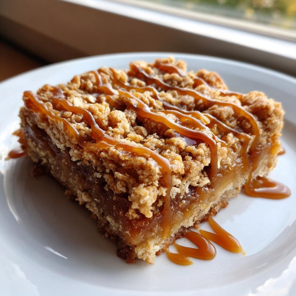 A close-up of a single serving of Salted Caramel Apple Crumble Bars topped with a generous caramel drizzle.