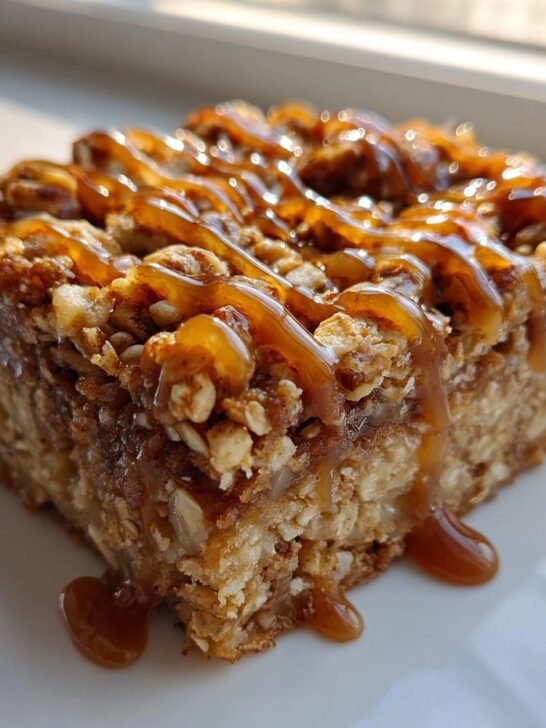 A single square of Salted Caramel Apple Crumble Bars topped with a generous drizzle of gooey caramel sauce.