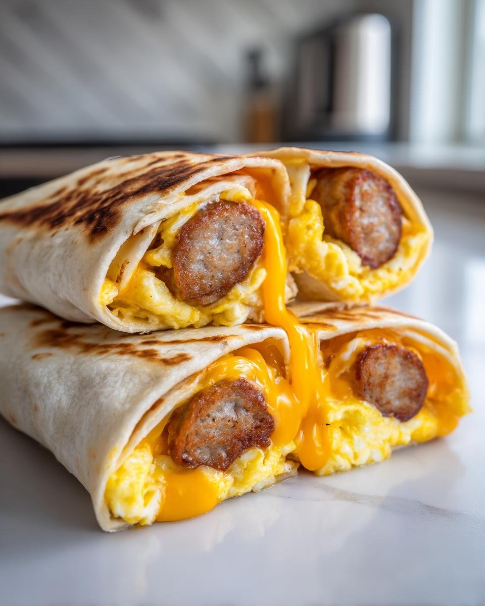 Two halves of Sausage Egg Cheese Breakfast Rollups stacked, showing melted cheese, scrambled eggs, and sausage links.