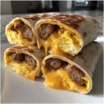 Close-up of four halves of Sausage Egg Cheese Breakfast Rollups showing melted cheese, scrambled eggs, and sausage links.