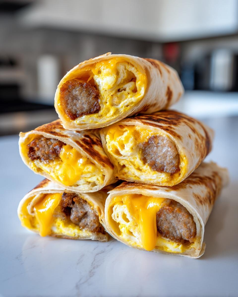 A stack of four grilled Sausage Egg Cheese Breakfast Rollups showing melted cheese, scrambled eggs, and sausage inside a tortilla.