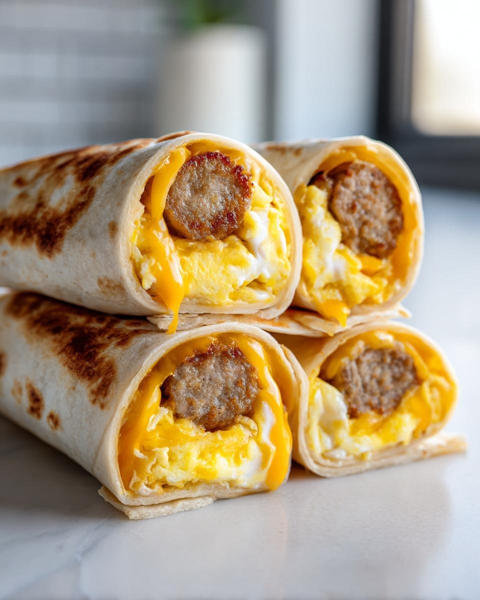 Four stacked Sausage Egg Cheese Breakfast Rollups showing scrambled eggs, melted cheese, and sausage patties inside a toasted tortilla.
