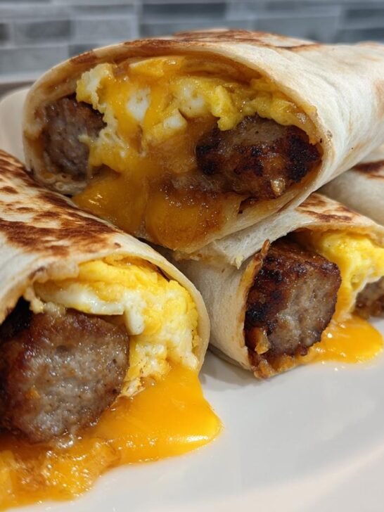 Four stacked Sausage Egg Cheese Breakfast Rollups showing melted cheese, scrambled eggs, and sausage links wrapped in toasted tortillas.