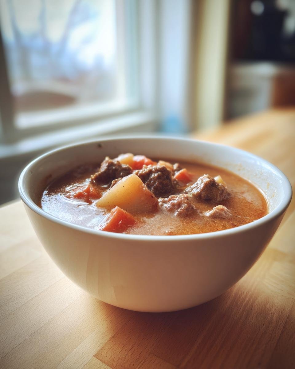 Close-up of a white bowl filled with rich, creamy Sausage Potato Soup featuring chunks of sausage, potatoes, and carrots.
