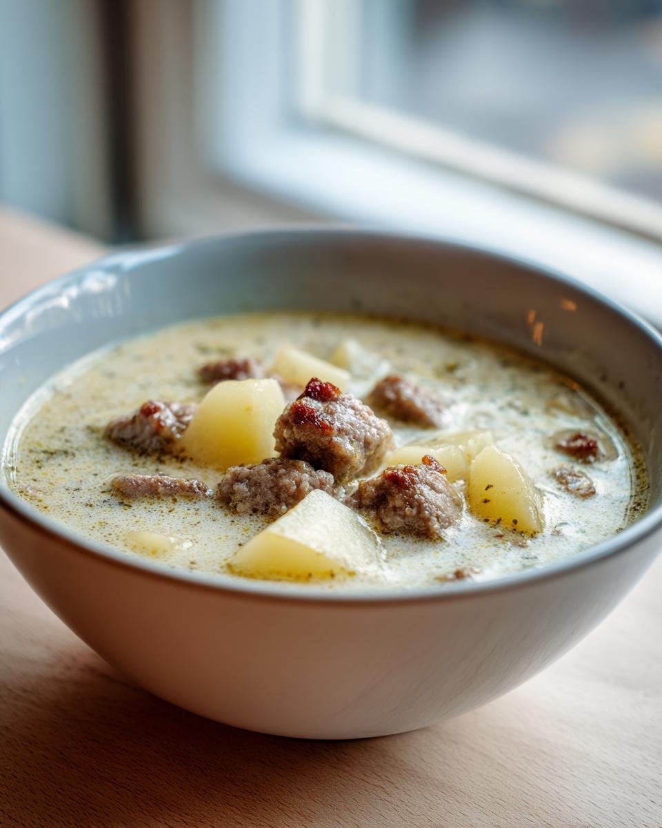 Close-up of a bowl filled with creamy Sausage Potato Soup, featuring chunks of potato and browned sausage pieces.