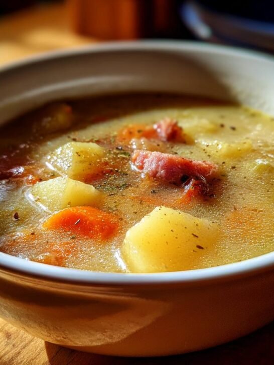 Close-up of a warm bowl of Sausage Potato Soup featuring chunks of potato, sausage, and carrots in a savory broth.
