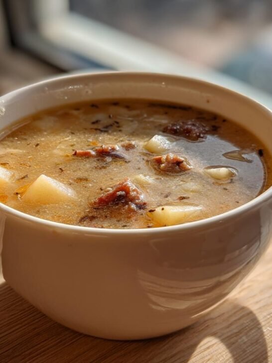 A close-up of a white mug filled with steaming Sausage Potato Soup, featuring chunks of potato and sausage.