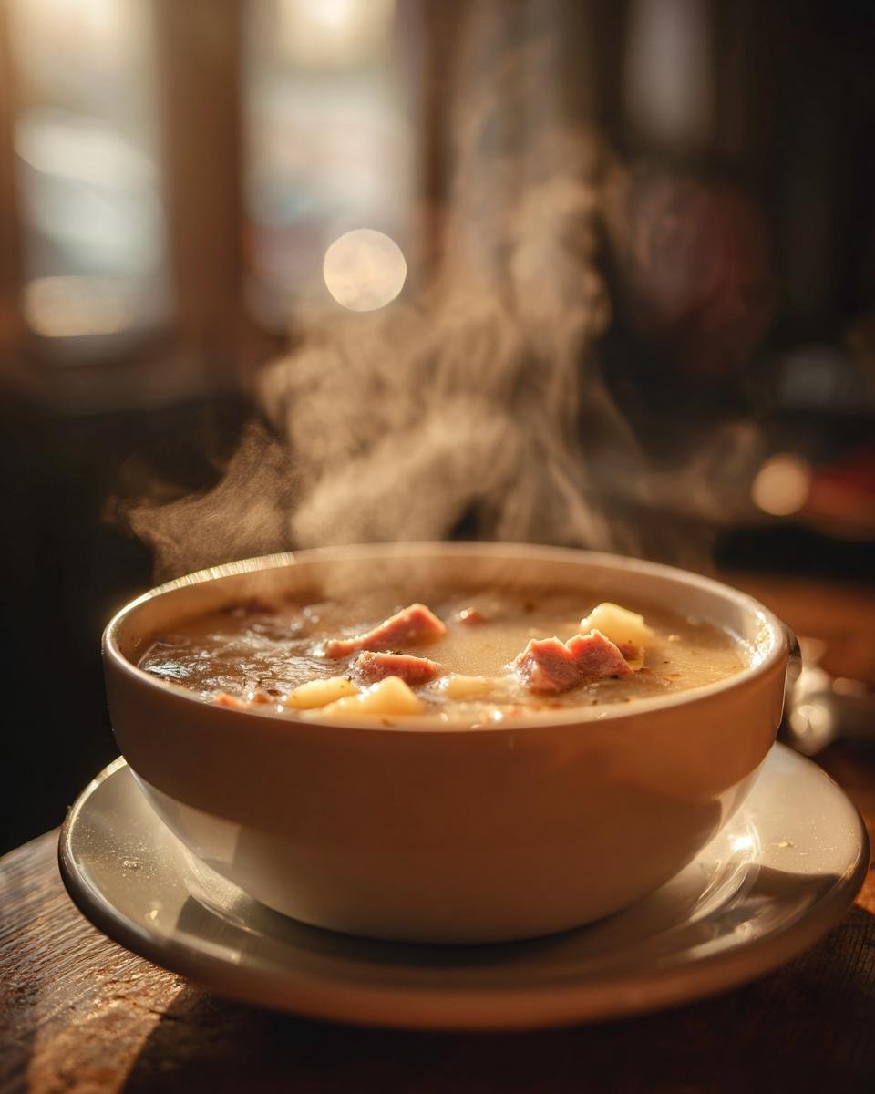 A steaming bowl of hearty Sausage Potato Soup with chunks of sausage and potato, backlit by warm sunlight.