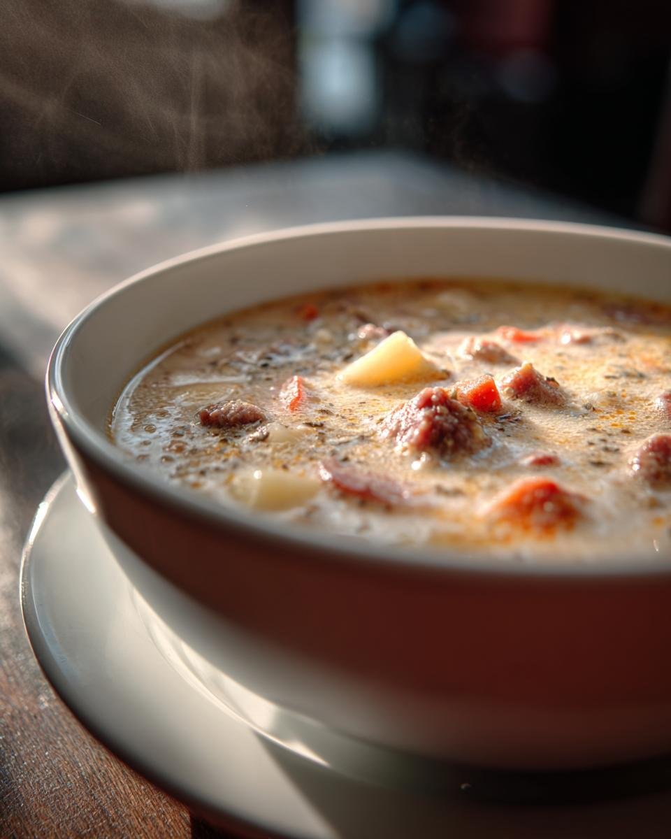 Close-up of a steaming white bowl filled with creamy Sausage Potato Soup, showing chunks of sausage and potato.