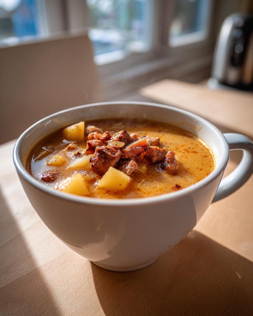 Close-up of a steaming white mug filled with rich, orange-hued Sausage Potato Soup, featuring chunks of sausage and potatoes.