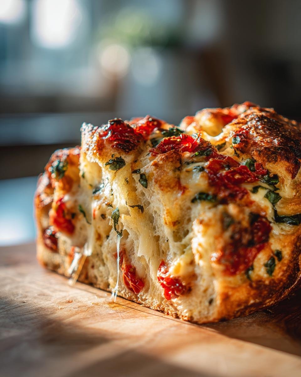 Close-up of gooey, cheesy Savory Caprese Bread being pulled apart, showing melted mozzarella and sun-dried tomatoes.