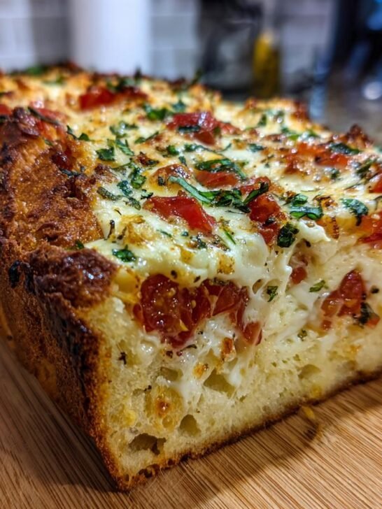 A golden-brown loaf of Savory Caprese Bread topped with melted cheese, tomatoes, and fresh herbs.