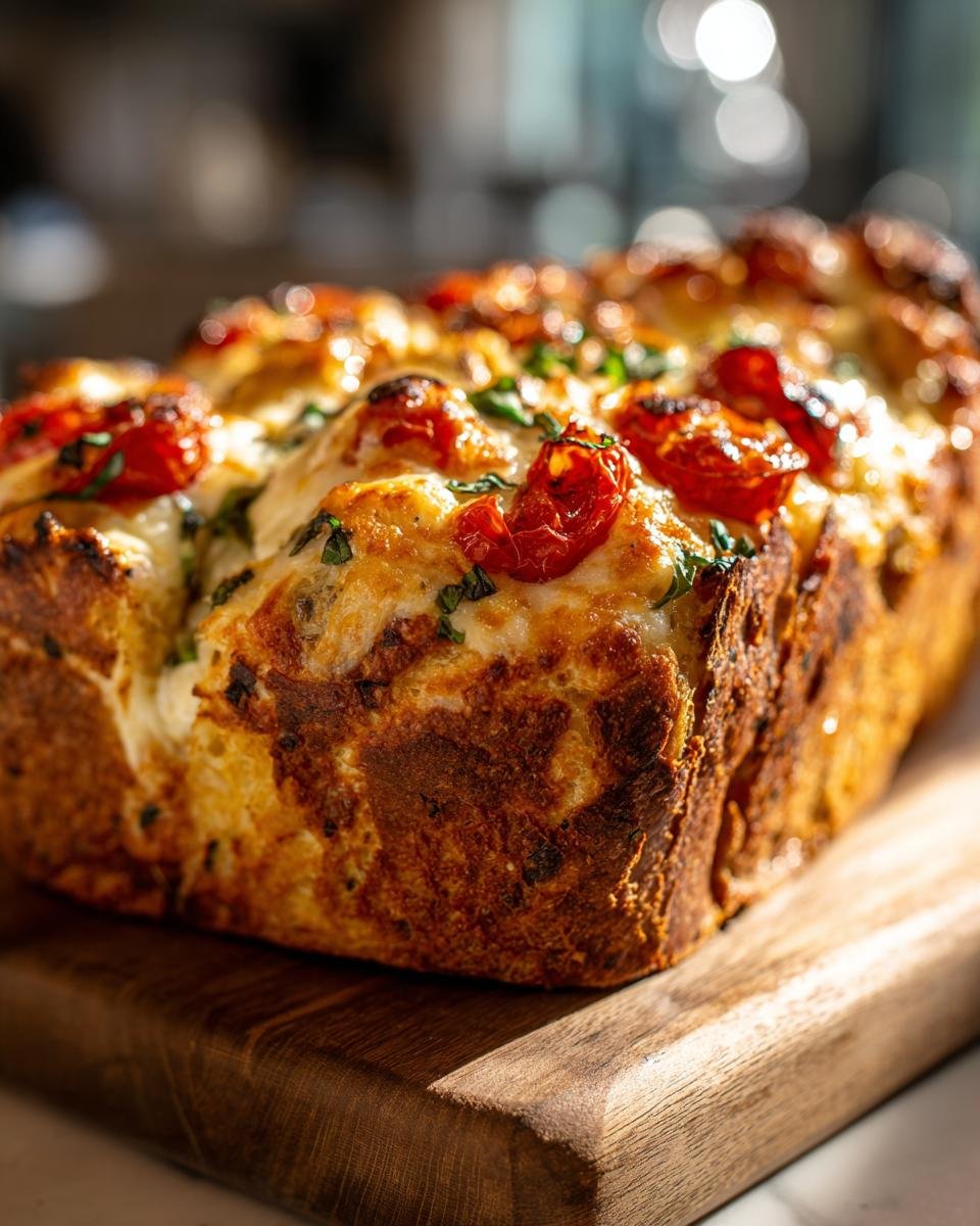 A close-up of a golden brown Savory Caprese Bread loaf topped with melted cheese, roasted cherry tomatoes, and herbs.