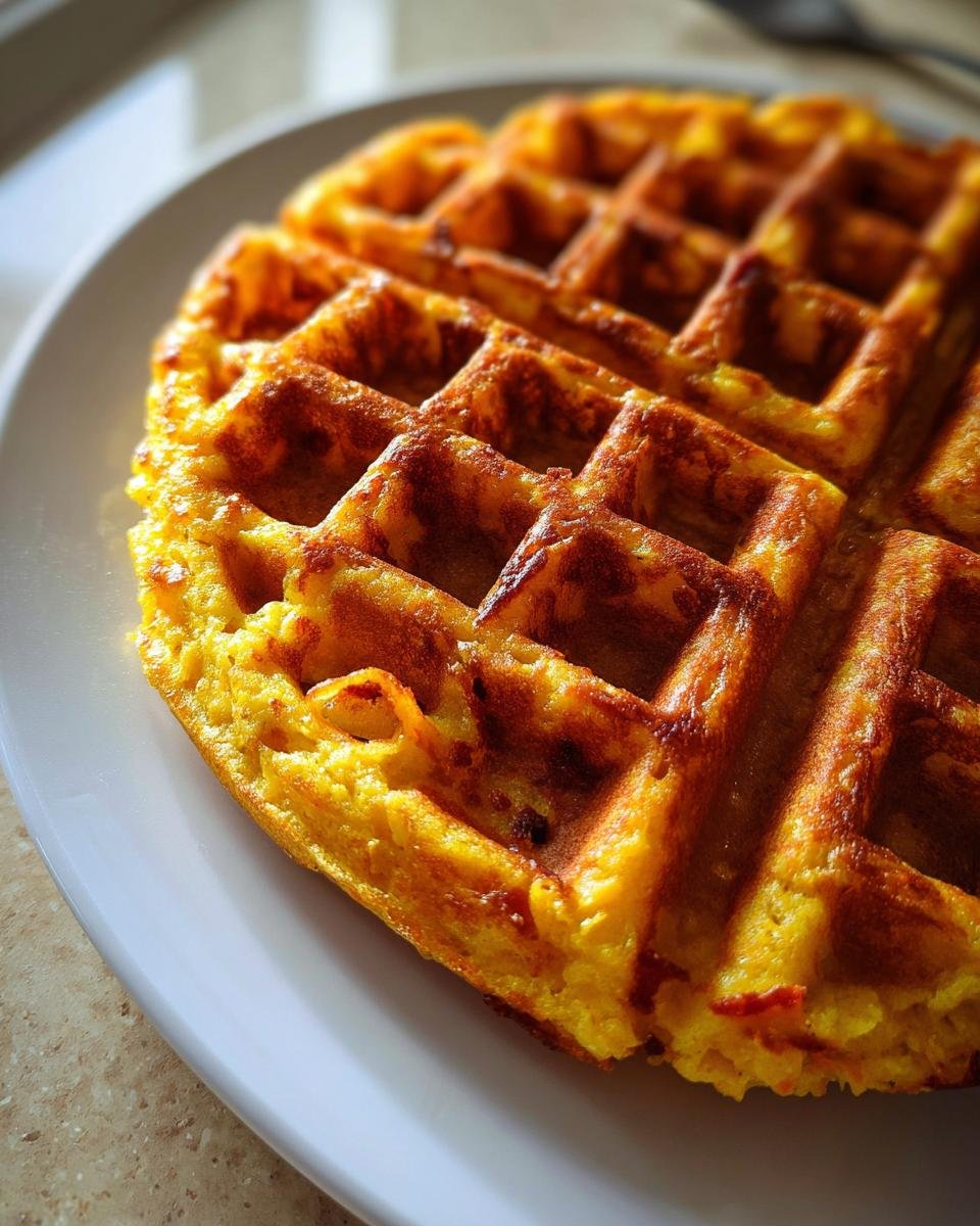 A close-up of a perfectly cooked, golden-brown Savory Cornbread Waffle on a white plate.