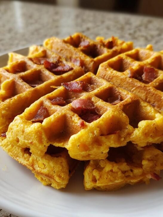 A stack of golden, textured Savory Cornbread Waffles topped with crispy bacon bits, served on a white plate.