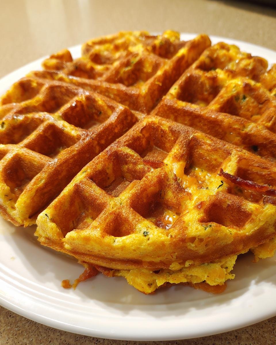 A close-up of a perfectly cooked, golden brown Savory Cornbread Waffles on a white plate.