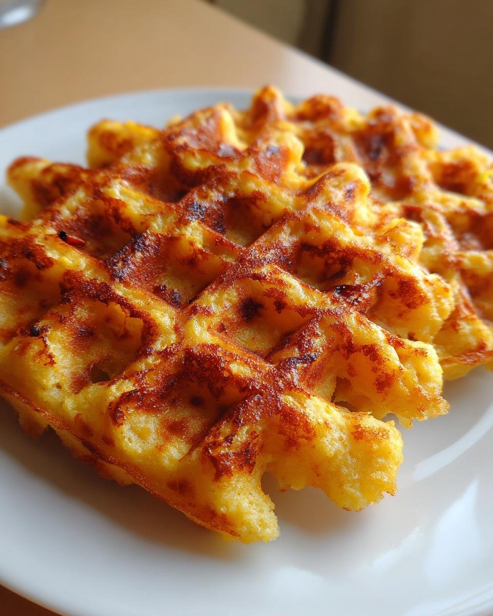 Close-up of golden brown, crispy Savory Cornbread Waffles served on a white plate.