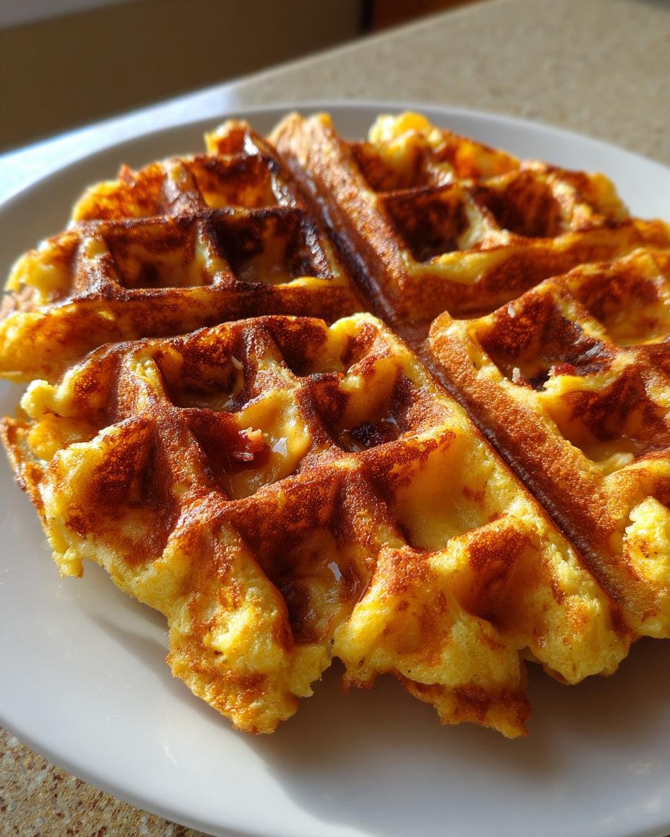 A close-up of a perfectly golden brown Savory Cornbread Waffles resting on a white plate, catching the sunlight.