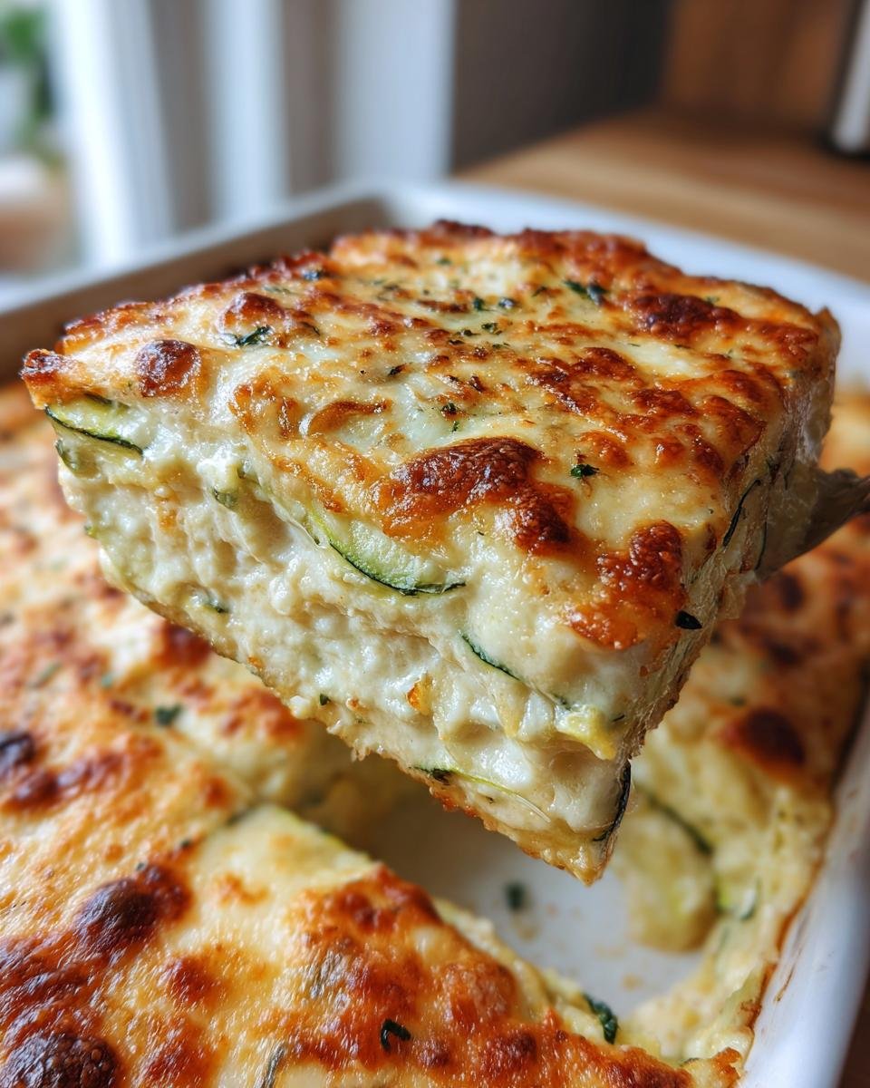A square slice of creamy Zucchini Pizza Casserole being lifted from the baking dish, showing layers of zucchini and melted cheese.