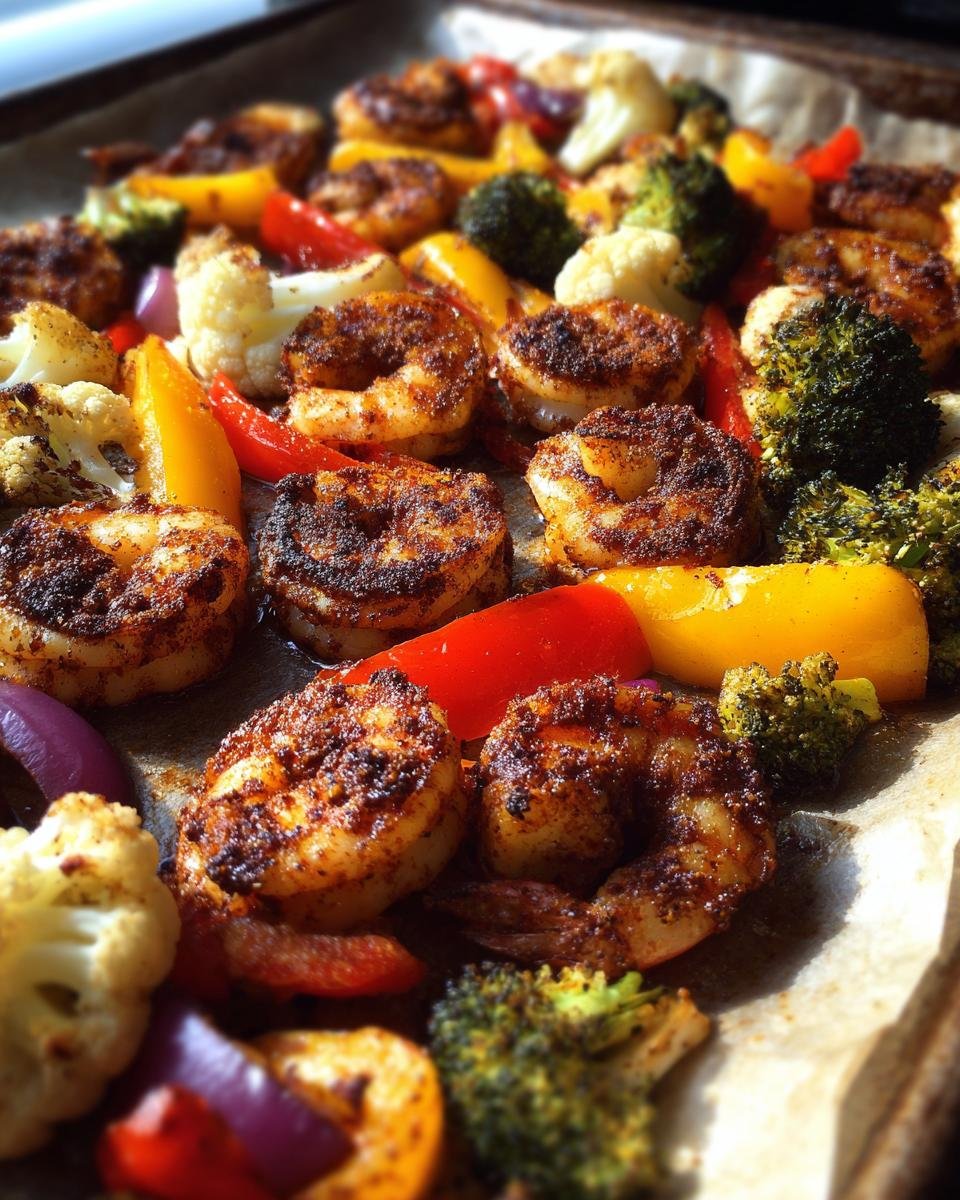 Close-up of blackened shrimp and roasted vegetables like broccoli, cauliflower, and peppers on a sheet pan.