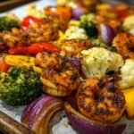 Close-up of blackened shrimp and roasted vegetables like broccoli, peppers, and onions on a sheet pan.