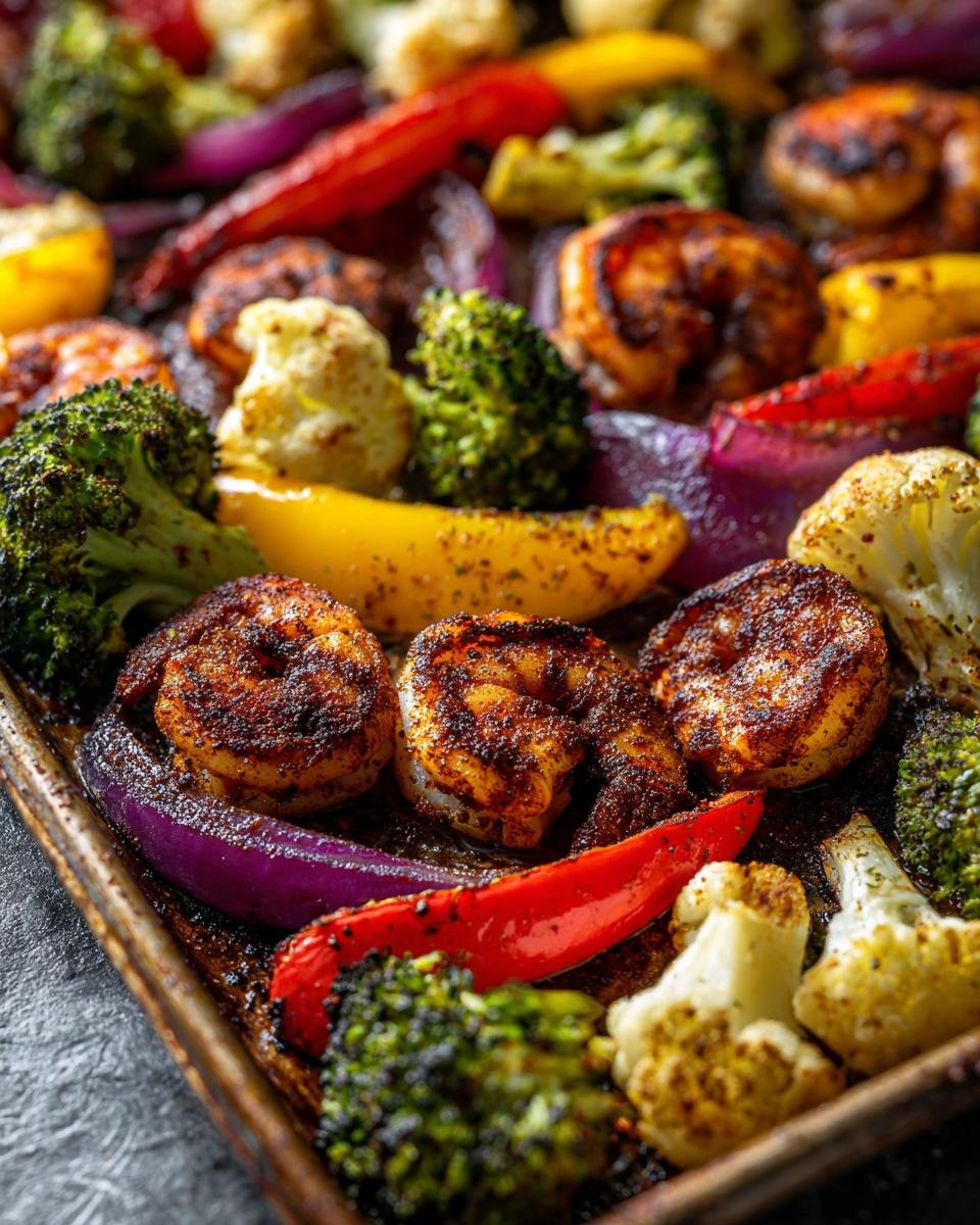 Close-up of Sheet Pan Blackened Shrimp And Veggies featuring blackened shrimp, broccoli, cauliflower, and peppers on a baking sheet.