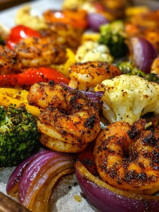 Close-up of blackened shrimp and roasted vegetables like broccoli, peppers, and onions on a sheet pan.