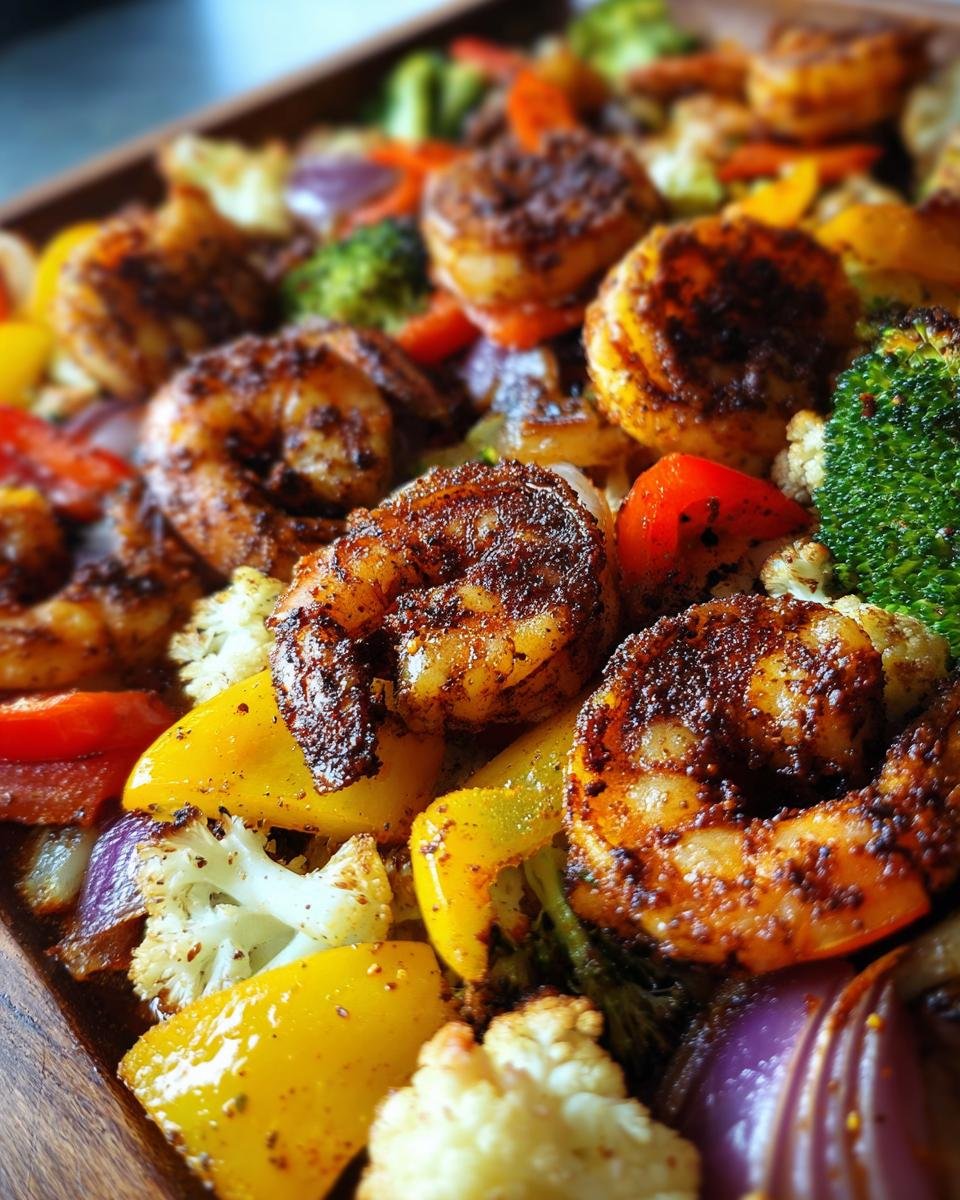 Close-up of perfectly cooked Sheet Pan Blackened Shrimp And Veggies with colorful roasted peppers and broccoli.