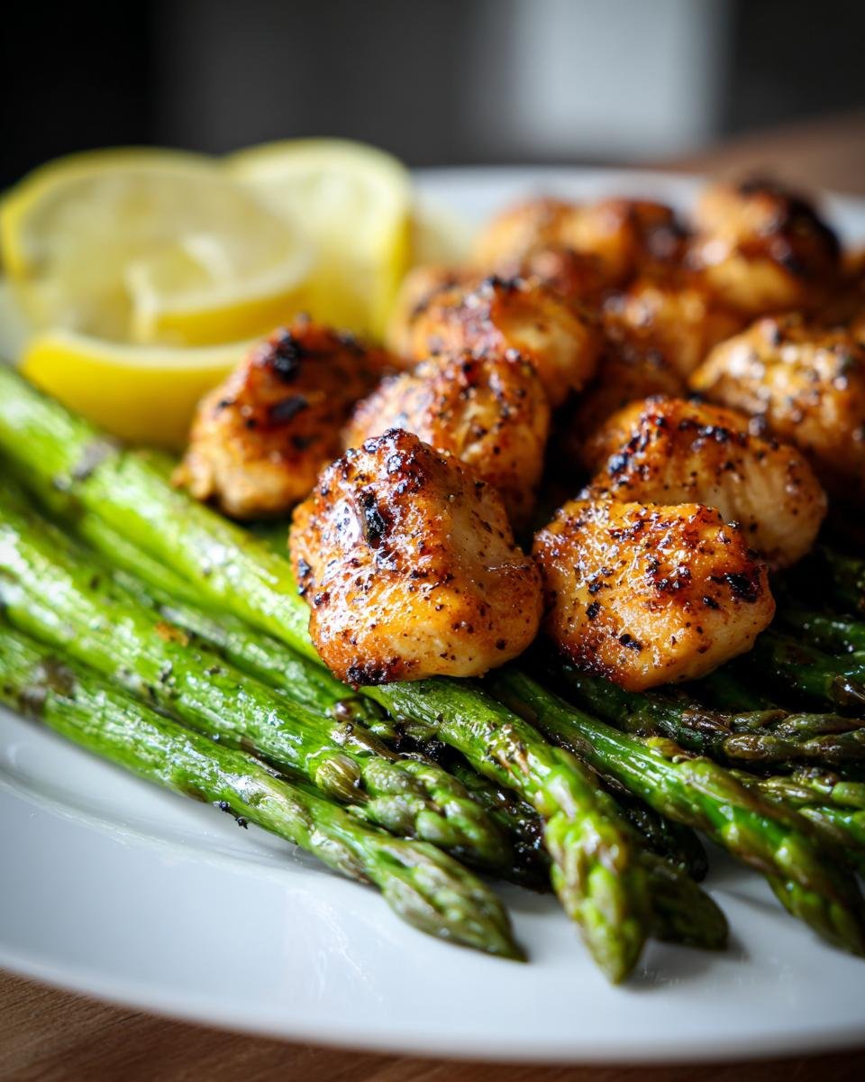 Close-up of perfectly cooked Sheet Pan Lemon Chicken With Asparagus served with lemon slices.