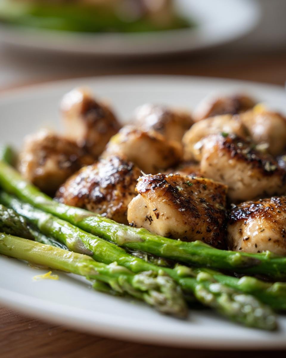 Close-up of seared chicken pieces served with bright green asparagus, part of Sheet Pan Lemon Chicken With Asparagus.