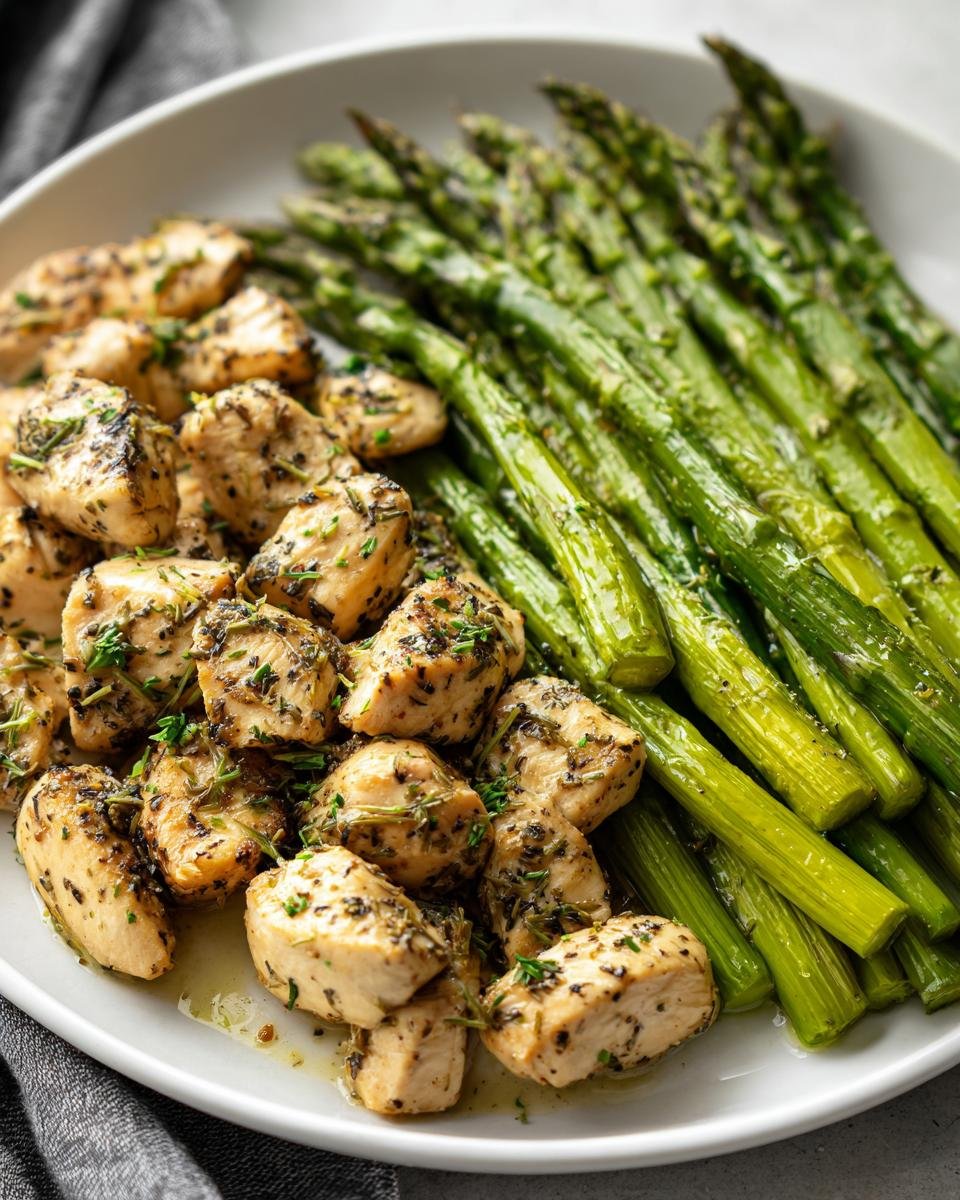 Close-up of cooked chicken pieces and bright green asparagus spears from Sheet Pan Lemon Chicken With Asparagus.