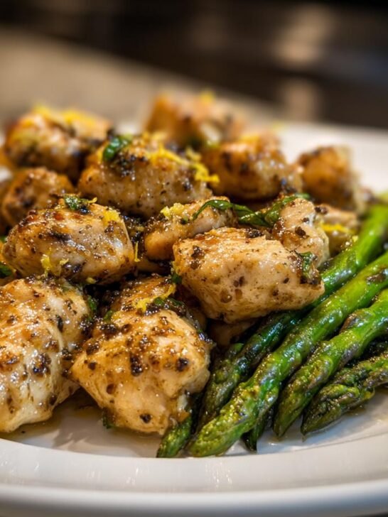 Close-up of seasoned chicken pieces and bright green asparagus on a white plate from Sheet Pan Lemon Chicken With Asparagus.