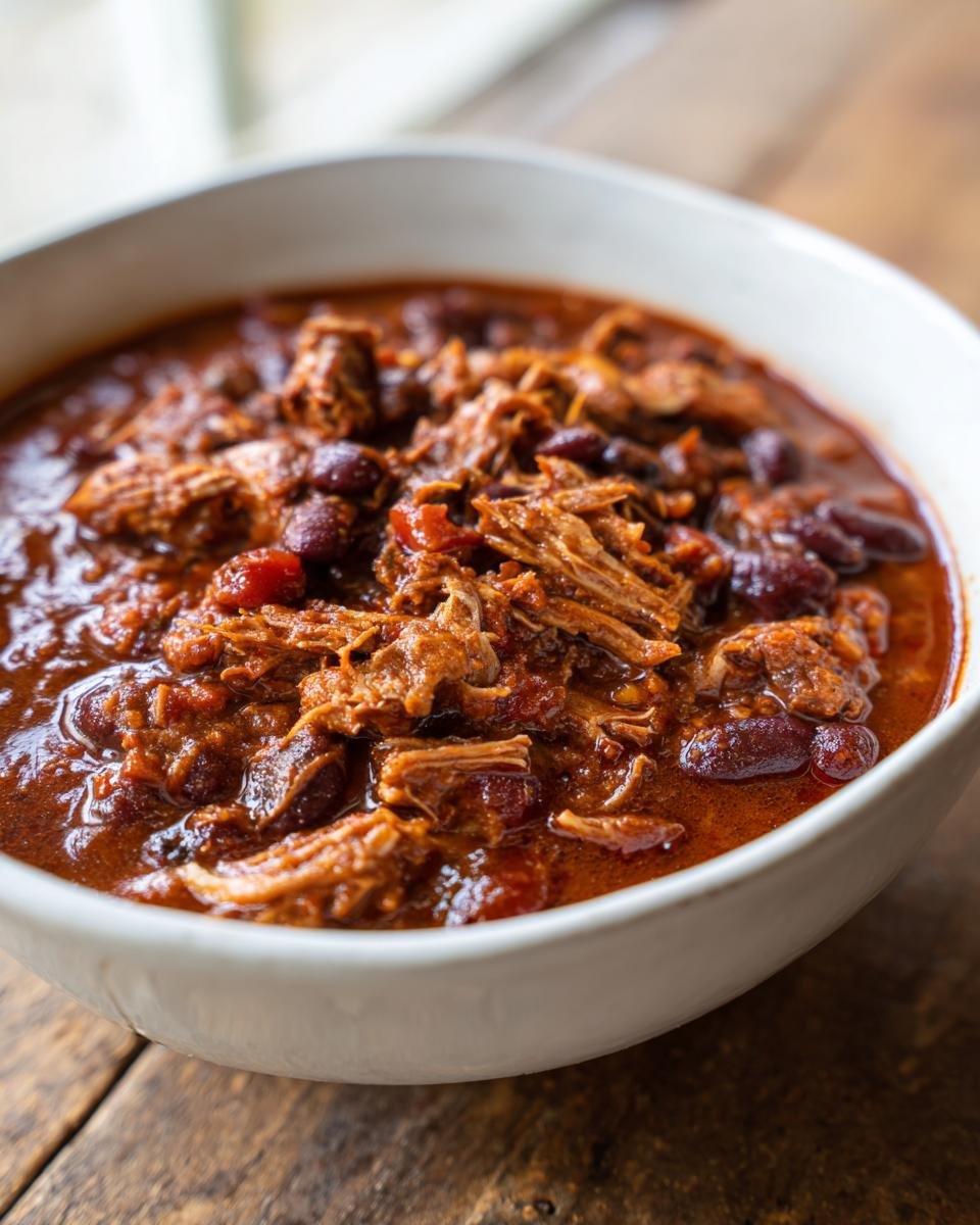 Close-up of a white bowl filled with rich, thick Short Rib Chorizo Chili featuring shredded meat and kidney beans.