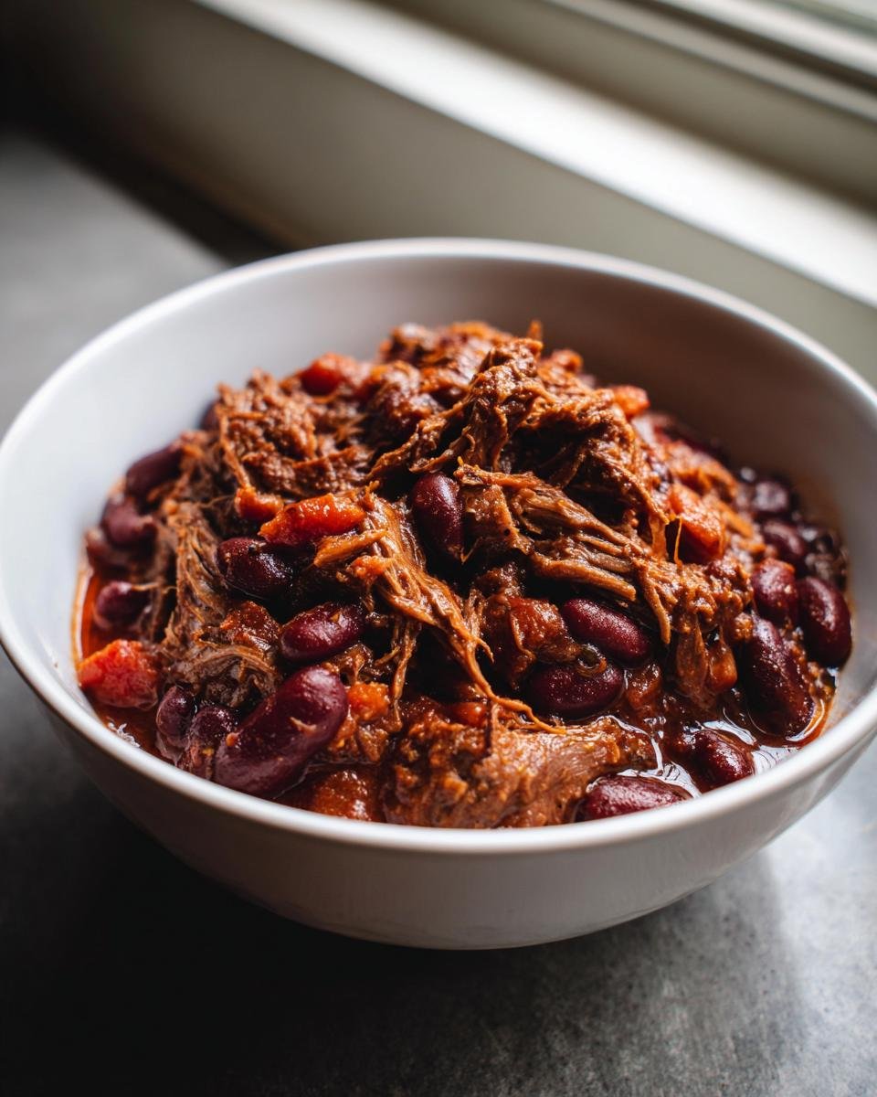 Close-up of a white bowl filled with rich, shredded Short Rib Chorizo Chili and dark red kidney beans.