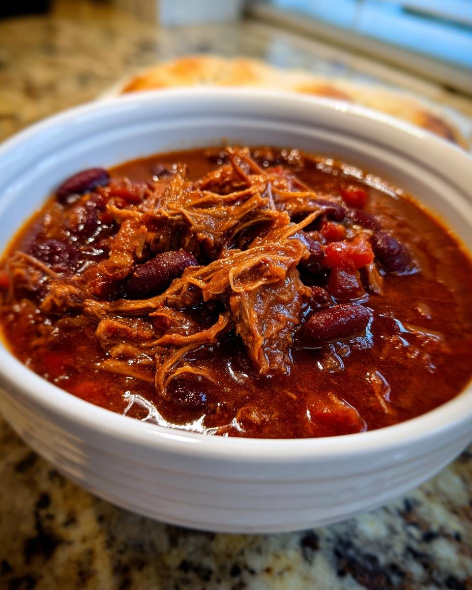 Close-up of a hearty bowl of Short Rib Chorizo Chili, featuring shredded meat and dark red beans in a rich sauce.