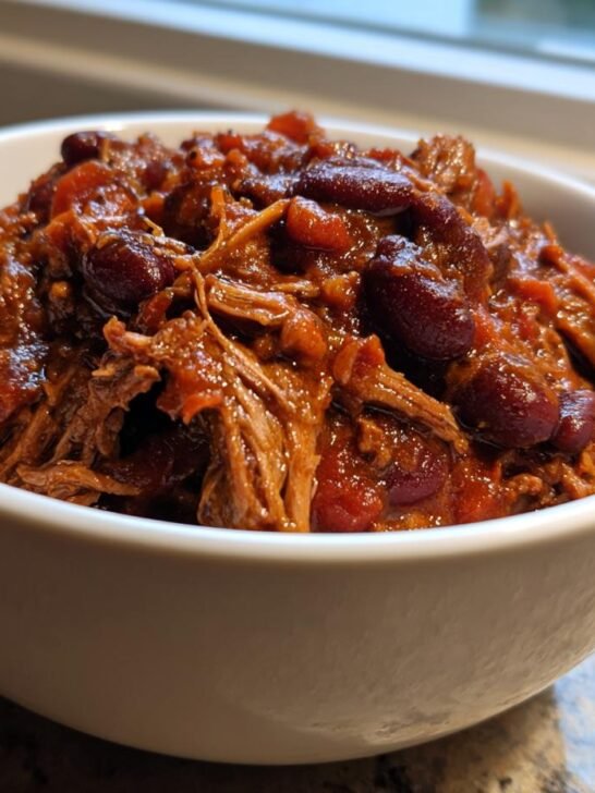 A close-up of a white bowl filled with rich, shredded Short Rib Chorizo Chili mixed with dark red kidney beans.