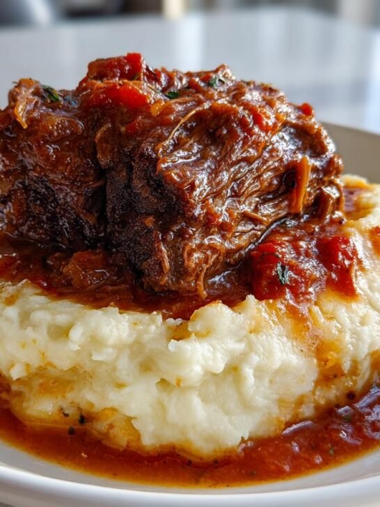 A serving of tender Short Rib Ragu With Parmesan Mashed Potatoes in a white bowl.