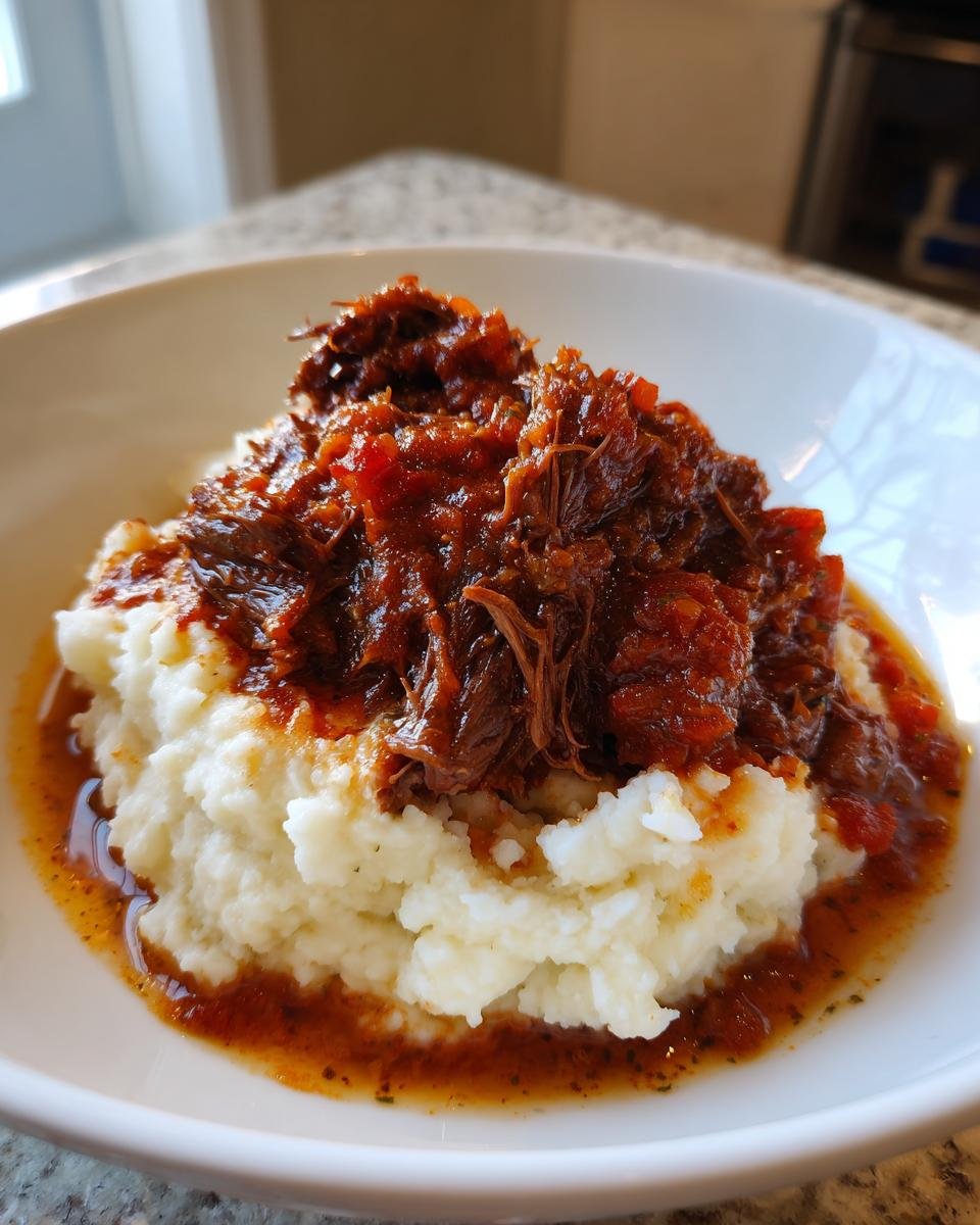 A bowl featuring rich Short Rib Ragu With Parmesan Mashed Potatoes, topped with shredded beef in tomato sauce.