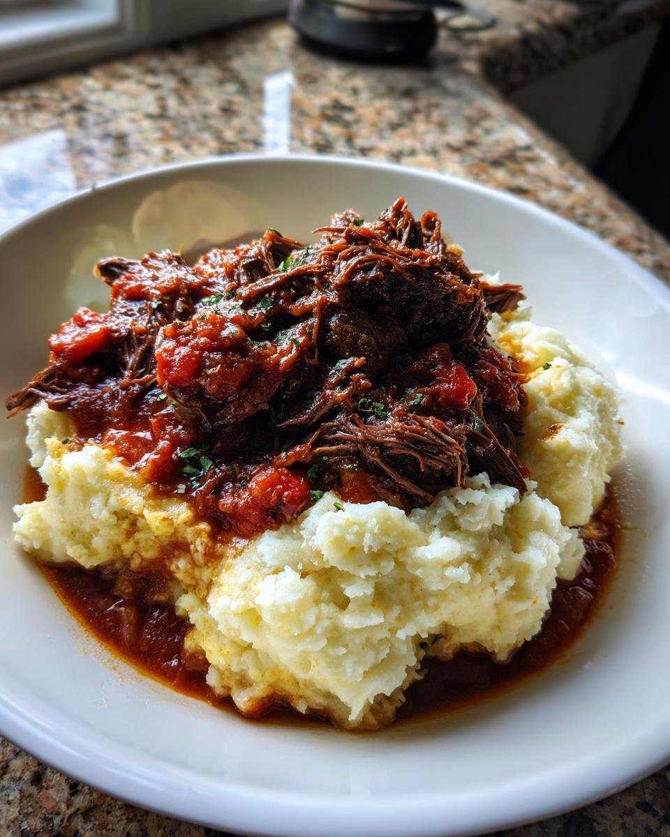 A bowl featuring rich Short Rib Ragu With Parmesan Mashed Potatoes, garnished with herbs.