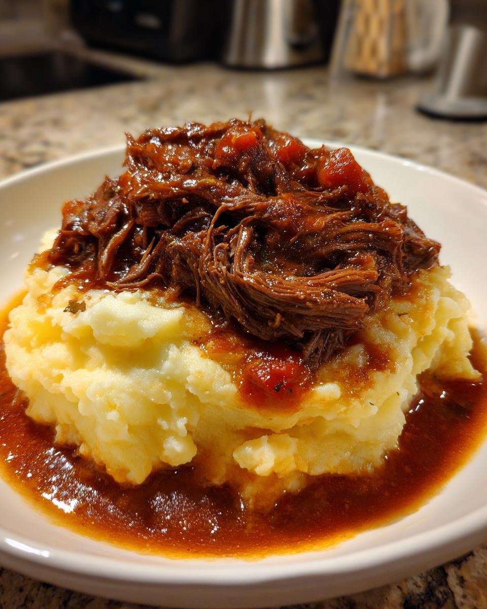 A generous serving of tender shredded Short Rib Ragu With Parmesan Mashed Potatoes in a white bowl.