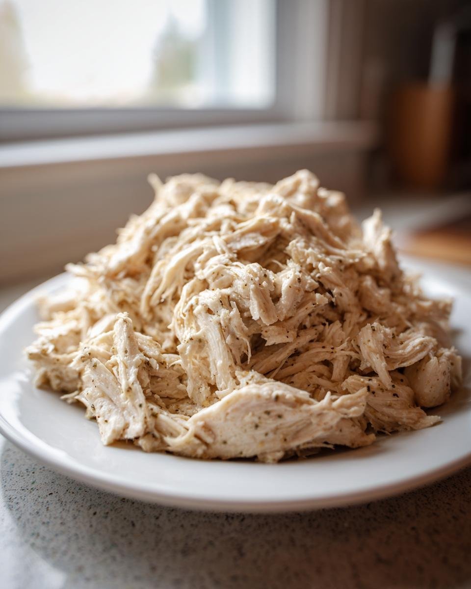 A mound of perfectly shredded chicken seasoned with herbs, ready for Easy Ranch Chicken Crockpot.