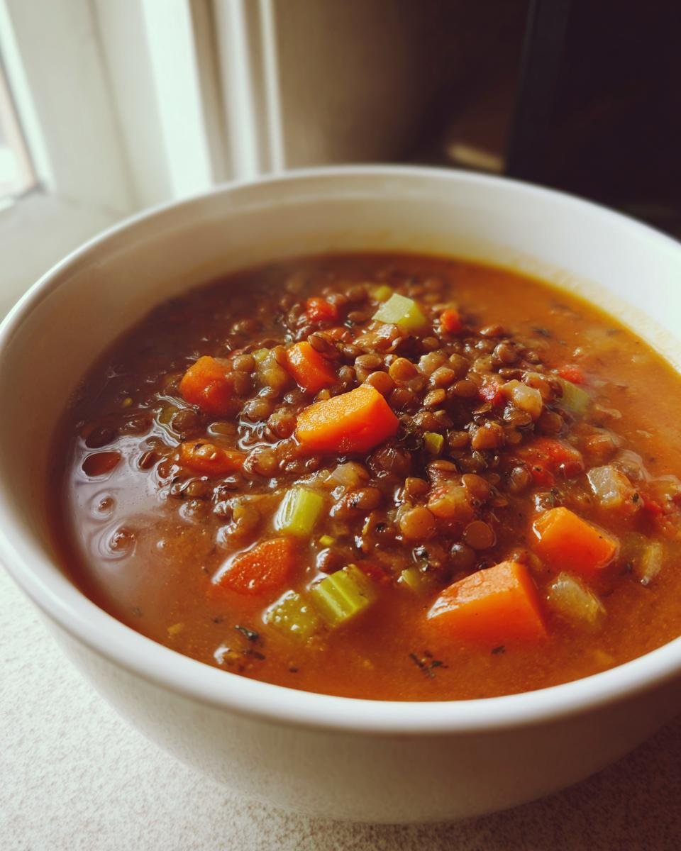 Close-up of a steaming white bowl filled with rich Lentil Vegetable Soup, featuring visible lentils, carrots, and celery.