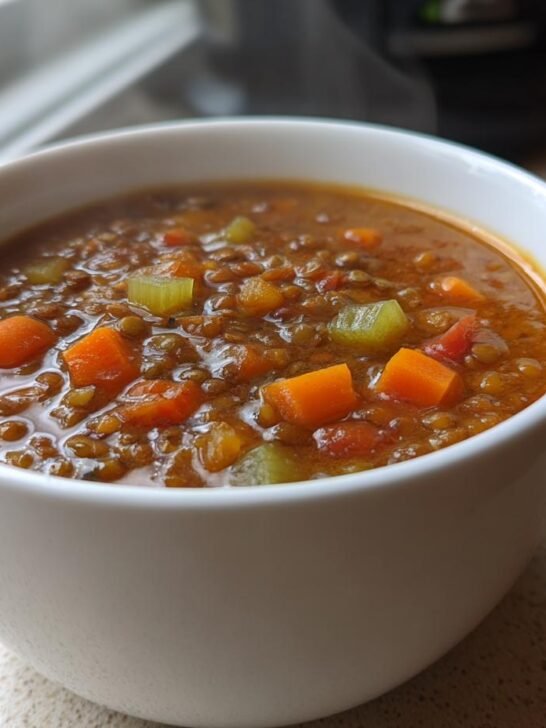 Close-up of a white mug filled with steaming hot Lentil Vegetable Soup featuring visible chunks of carrots and celery.