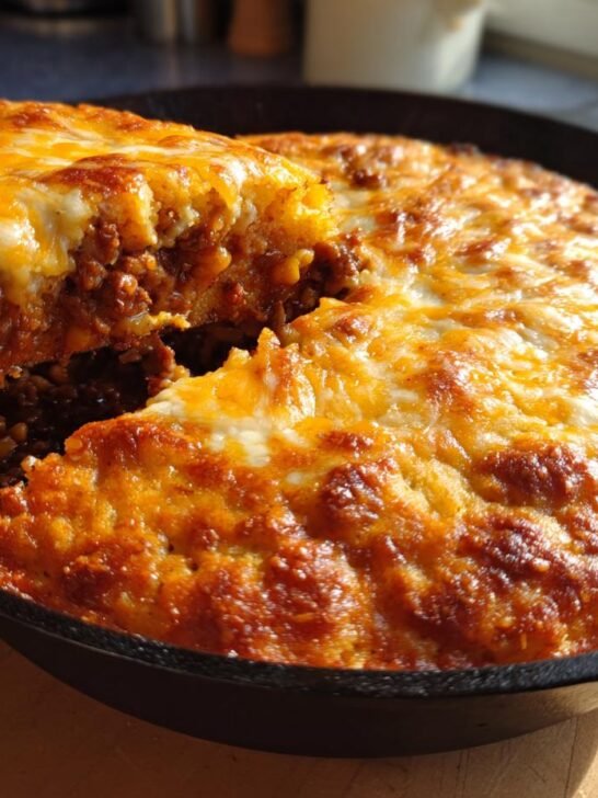 A slice removed from a Skillet Chili Cornbread Pot Pie, showing the hearty chili filling under a bubbly, browned cheese crust.