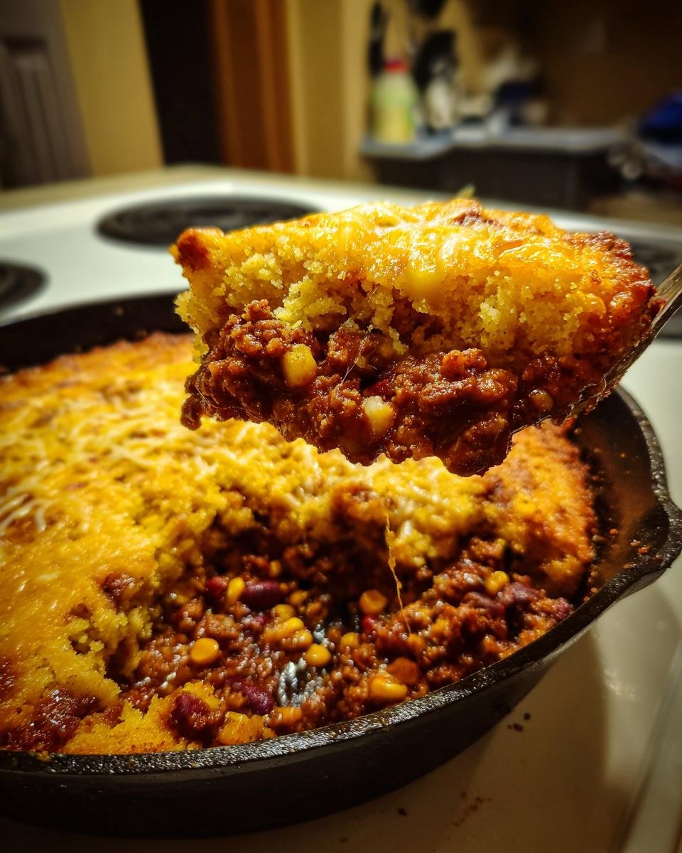 A spoonful of cheesy Skillet Chili Cornbread Pot Pie being lifted from the cast iron skillet, showing chili filling and cornbread topping.