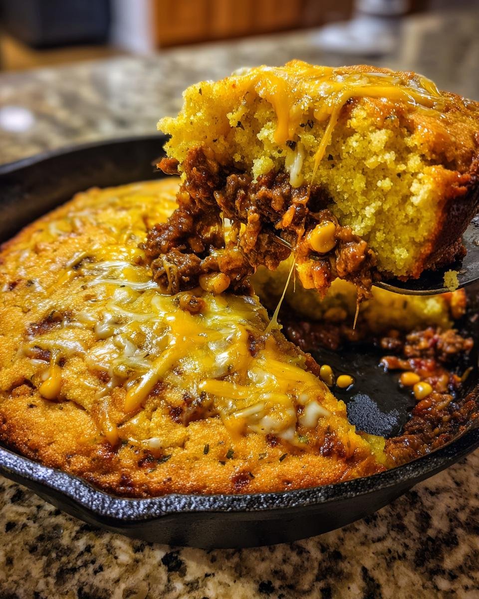 A scoop of Skillet Chili Cornbread Pot Pie being lifted, showing melted cheese and chili filling.