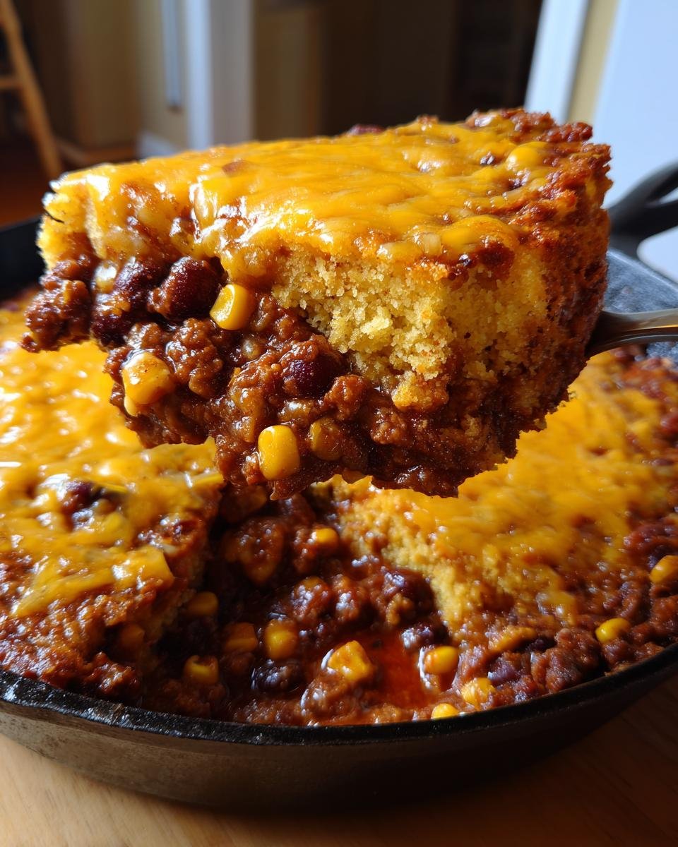 A serving of Skillet Chili Cornbread Pot Pie lifted from the pan, showing chili filling and cheesy cornbread topping.